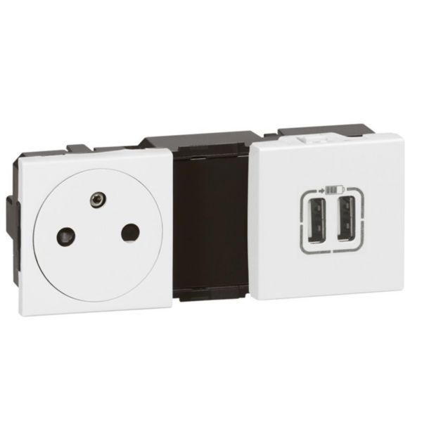 Prise de courant 2P+T Surface + prise 2 USB Type-A 2,4A 5V= 12W Mosaic 2x2 modules - blanc