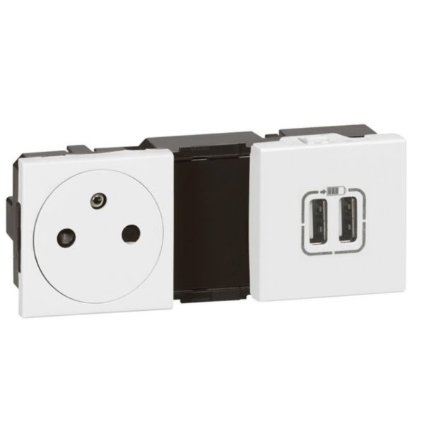 Prise de courant 2P+T Surface + prise 2 USB Type-A 3A 5V= 15W Mosaic 2x2 modules - blanc