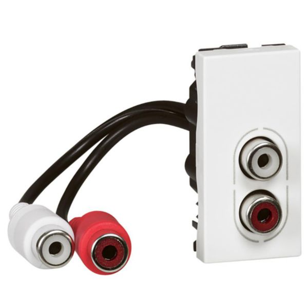 Prise 2 RCA femelle préconnectorisée Mosaic 1 module pour liaison audio stéréo - blanc