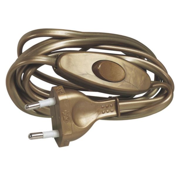 Cordon pré-équipé pour lampe avec fiche mâle et interrupteur 2A livré sous blister avec Gencod finition vieil or