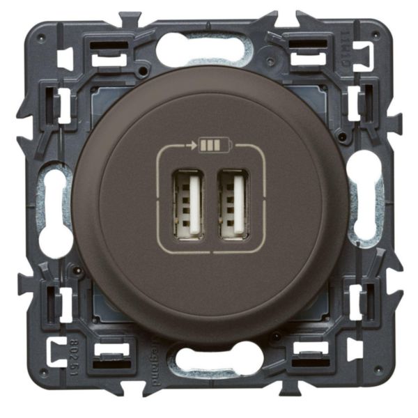 Prise double USB Céliane Type-A 3A 15W - finition graphite avec support, à équiper d'une plaque de finition