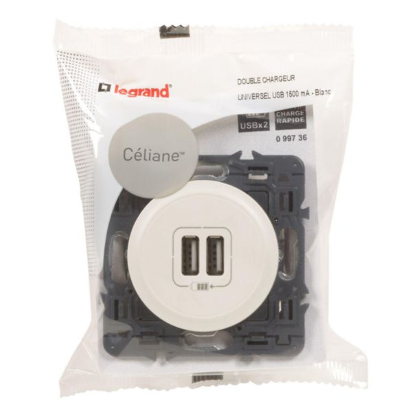 Prise double USB Céliane Type-A 3A 15W - blanc avec support, à équiper d'une plaque de finition