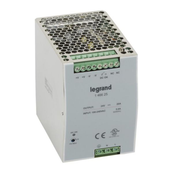 146625 Alimentation stabilisée à découpage monophasée entrée 100V~ à 240V~  et sortie 24V= - 480W - professionnel