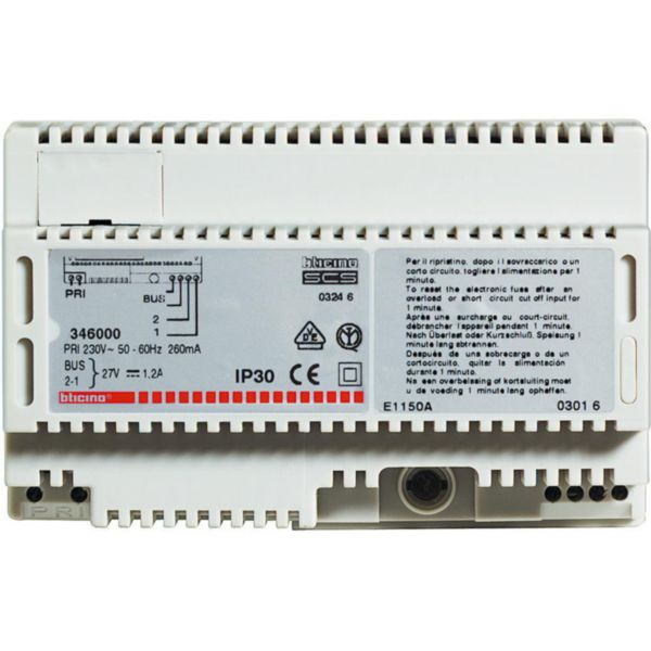 Alimentation modulaire MyHOME BUS 230V~ 27V= 1,2A pour diffusion sonore ou portier - 8 modules