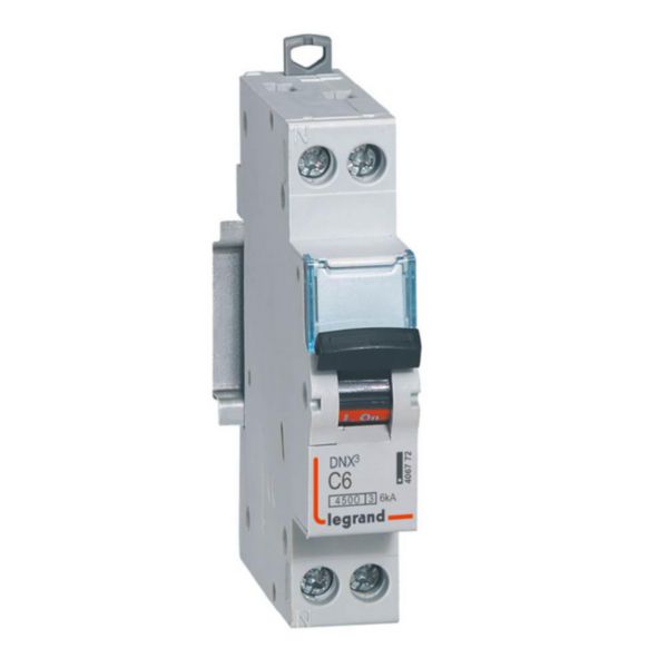 Disjoncteur Phase+Neutre DNX³4500 6kA arrivée et sortie borne à vis - 1P+N 230V~ 6A courbe C - 1 module
