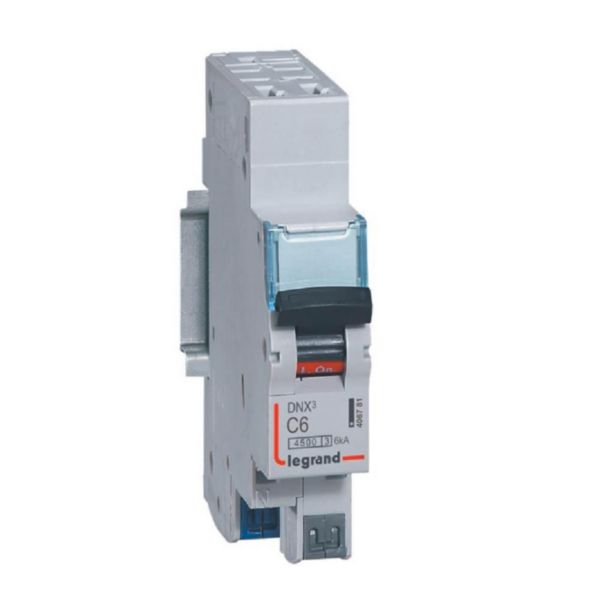 Disjoncteur Phase+Neutre DNX³4500 6kA arrivée et sortie borne automatique - 1P+N 230V~ 6A courbe C - 1 module