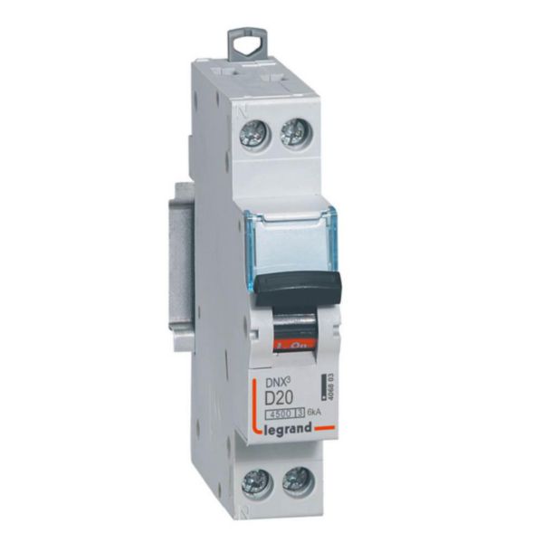 Disjoncteur Phase+Neutre DNX³4500 6kA arrivée et sortie borne à vis - 1P+N 230V~ 20A courbe D - 1 module