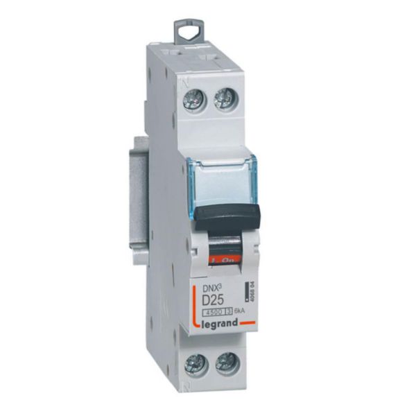 Disjoncteur Phase+Neutre DNX³4500 6kA arrivée et sortie borne à vis - 1P+N 230V~ 25A courbe D - 1 module