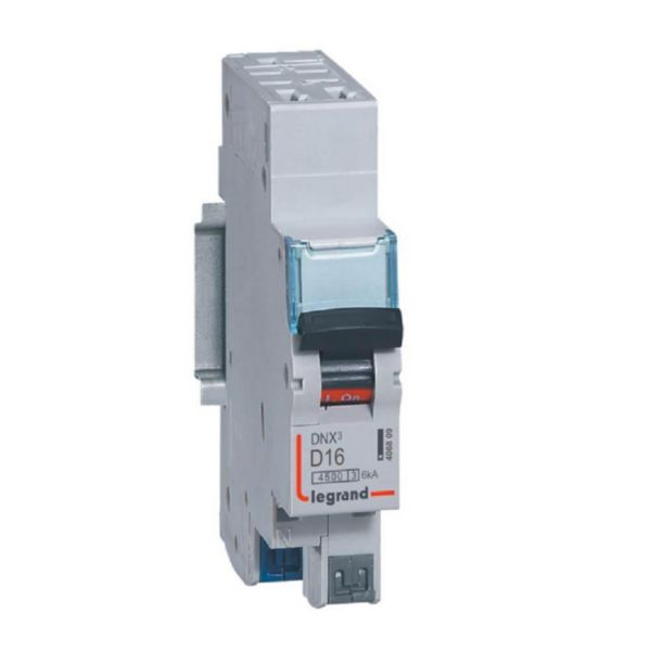 Disjoncteur Phase+Neutre DNX³4500 6kA arrivée et sortie borne automatique - 1P+N 230V~ 16A courbe D - 1 module