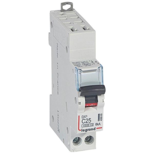 Disjoncteur dx³ 1p+n à gauche 25a 4500a/6ka bornes auto