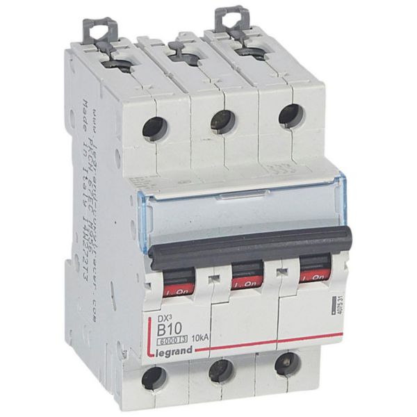 Disjoncteur DX³6000 10kA arrivée haute et départ bas à vis 3P 400V~ - 10A - courbe B - 3 modules