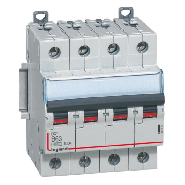 Disjoncteur DX³6000 10kA arrivée haute et départ bas à vis 4P 400V~ - 63A - courbe B - 4 modules