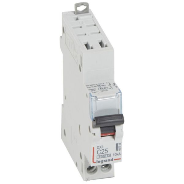 Disjoncteur DX³6000 10kA arrivée haute automatique et départ bas à vis U+N - 230V~ - 25A - courbe C - 1 module