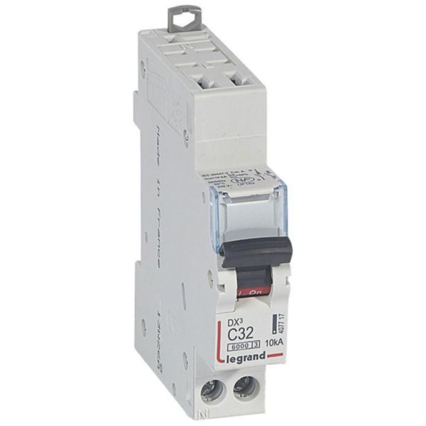 Disjoncteur DX³6000 10kA arrivée haute automatique et départ bas à vis U+N - 230V~ - 32A - courbe C - 1 module