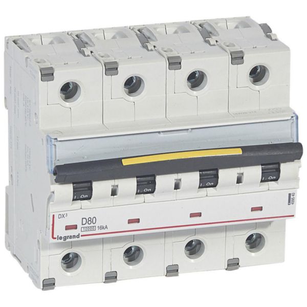 Disjoncteur DX³10000 16kA arrivée haute et départ bas à vis 4P 400V~ - 80A - courbe D - 6 modules