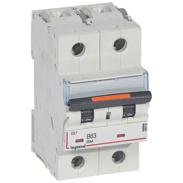 Disjoncteur DX³ 25kA arrivée haute et départ bas à vis 2P 230V~ à 400V~ - 63A - courbe B - 3 modules