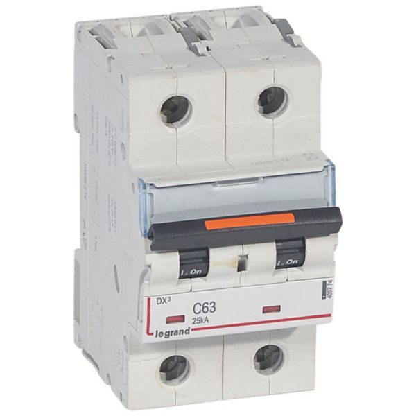 Disjoncteur DX³ 25kA arrivée haute et départ bas à vis 2P 230V~ à 400V~ - 63A - courbe C - 3 modules