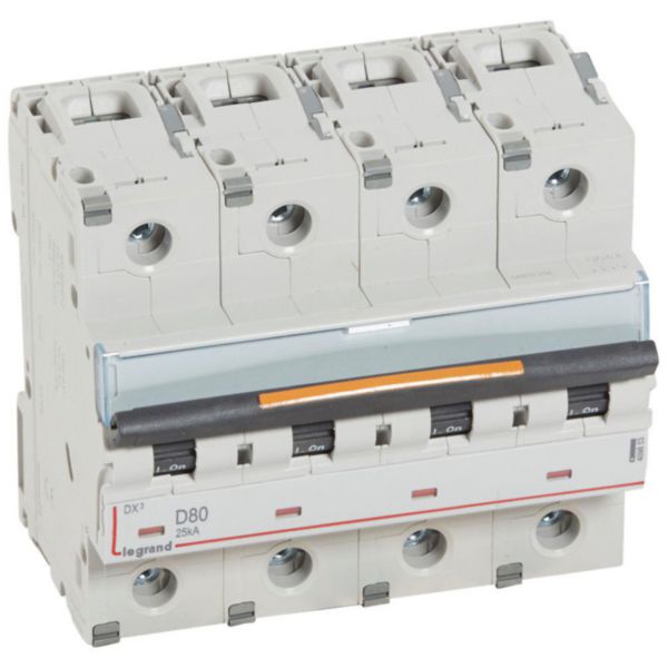 Disjoncteur DX³ 25kA arrivée haute et départ bas à vis 4P 400V~ - 80A - courbe D - 6 modules