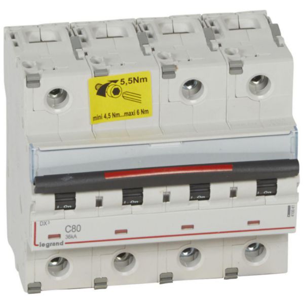 Disjoncteur DX³ 36kA arrivée haute et départ bas à vis 4P 400V~ - 80A - courbe C - 6 modules