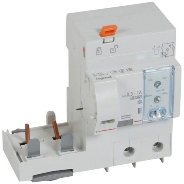 Bloc différentiel adaptable à vis DX³ pour disjoncteur 1,5 module par pôle - 2P 230V~ à 400V~ - 63A - typeF réglable