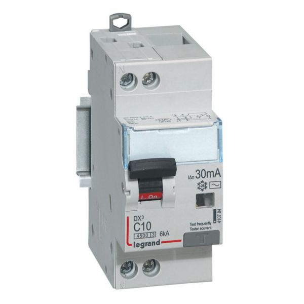 Disjoncteur différentiel DX³4500 arrivée haute et départ bas à vis U+N 230V~ - 10A typeAC 30mA - courbe C - 2 modules