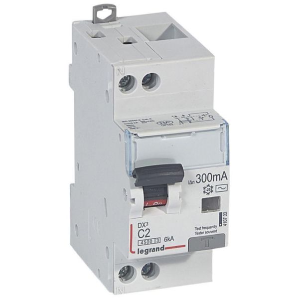 Disjoncteur différentiel DX³4500 arrivée haute et départ bas à vis U+N 230V~ - 2A typeAC 300mA - courbe C - 2 modules