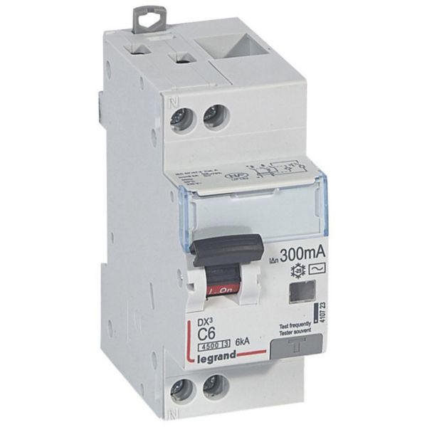 Disjoncteur différentiel DX³4500 arrivée haute et départ bas à vis U+N 230V~ - 6A typeAC 300mA - courbe C - 2 modules