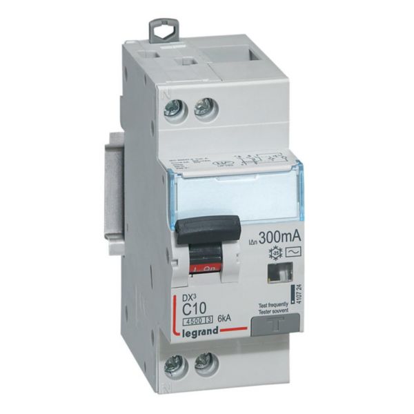 Disjoncteur différentiel DX³4500 arrivée haute et départ bas à vis U+N 230V~ - 10A typeAC 300mA - courbe C - 2 modules