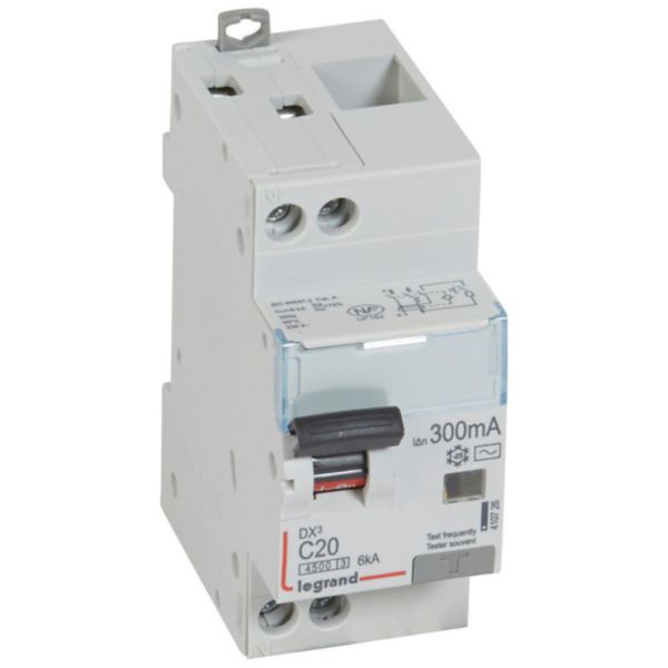 410726 Disjoncteur différentiel DX³4500 arrivée haute et départ bas à vis  U+N 230V~ - 20A typeAC 300mA - courbe C - 2 modules - professionnel