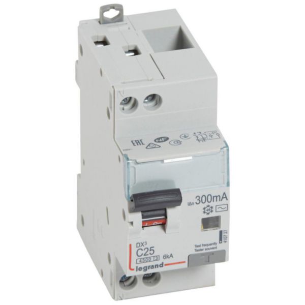 Disjoncteur différentiel DX³4500 arrivée haute et départ bas à vis U+N 230V~ - 25A typeAC 300mA - courbe C - 2 modules