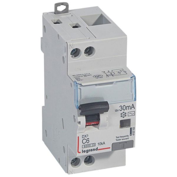 Disjoncteur différentiel monobloc DX³6000 10kA arrivée haute et départ bas à vis U+N 230V~ - 6A - typeAC 30mA