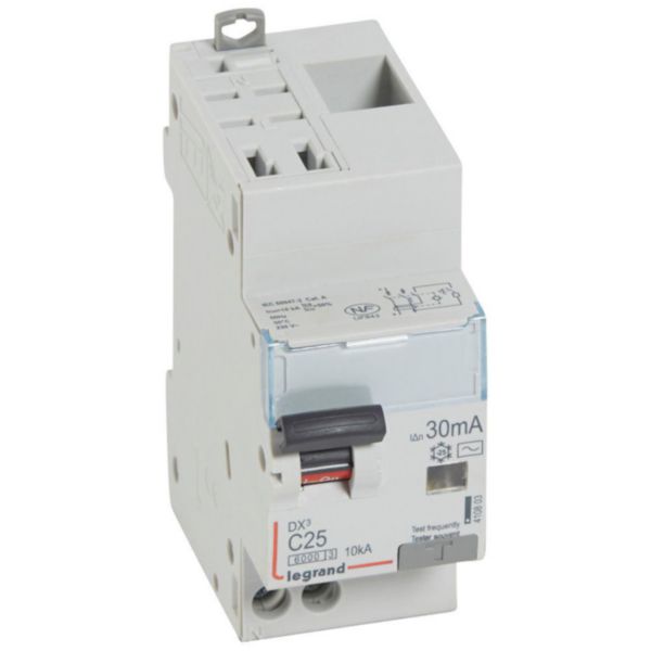 Disjoncteur différentiel monobloc DX³6000 10kA arrivée haute automatique départ bas vis U+N 230V~ - 25A - typeAC 30mA