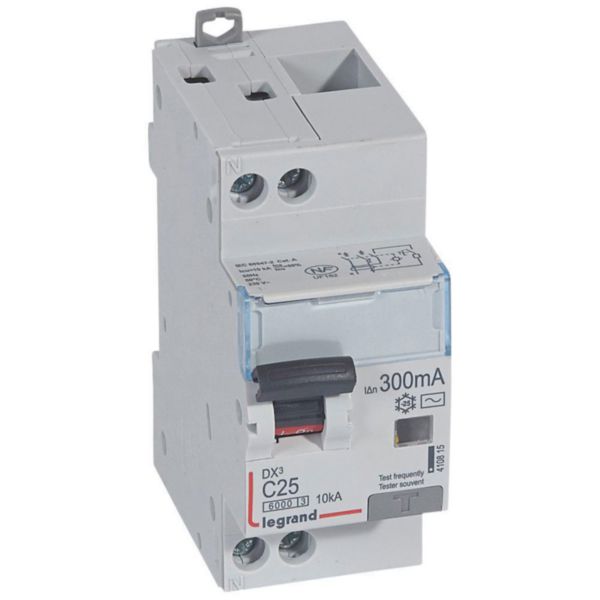 Disjoncteur différentiel monobloc DX³6000 10kA arrivée haute et départ bas à vis U+N 230V~ - 25A - typeAC 300mA