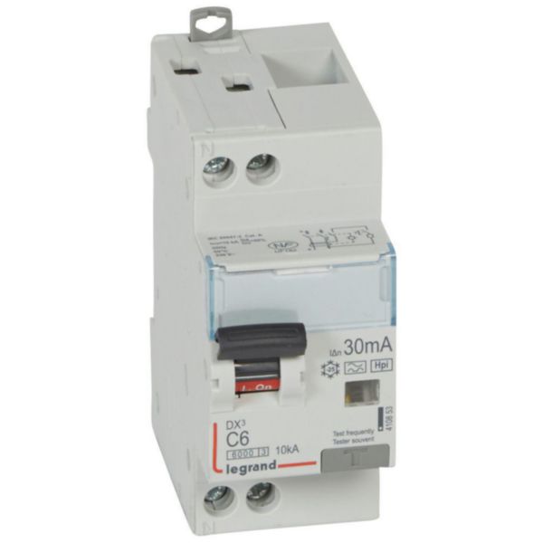 Disjoncteur différentiel monobloc DX³6000 10kA arrivée haute et départ bas à vis U+N 230V~ - 6A - typeF 30mA