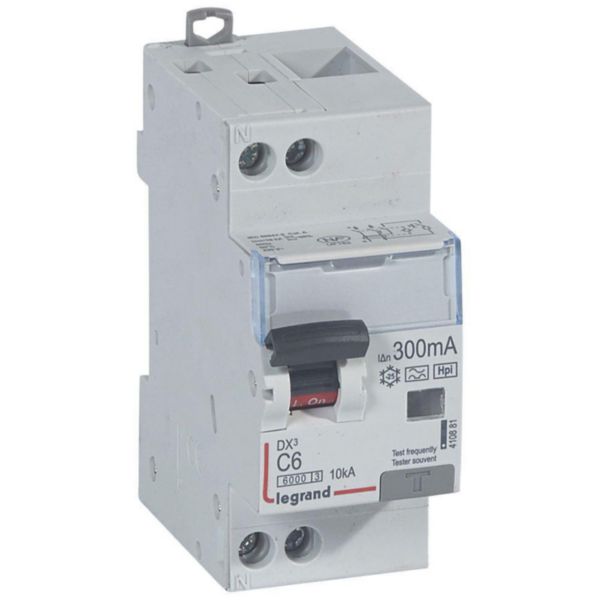 Disjoncteur différentiel monobloc DX³6000 10kA arrivée haute et départ bas à vis U+N 230V~ - 6A - typeF 300mA