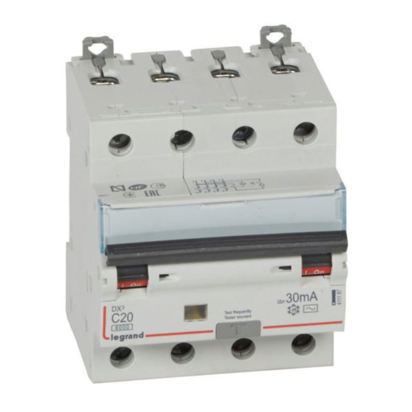Disjoncteur différentiel monobloc DX³6000 arrivée haute et départ bas à vis 4P 400V~ - 20A - typeAC 30mA