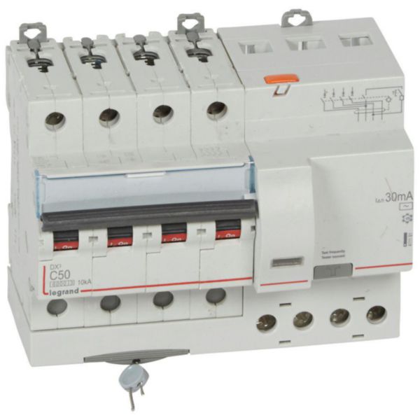 Disjoncteur différentiel monobloc DX³6000 10kA arrivée haute et départ bas à vis 4P 400V~ - 50A - typeAC 30mA