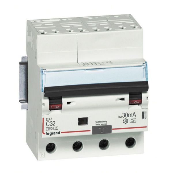 Disjoncteur différentiel monobloc DX³6000 arrivée haute automatique départ bas à vis 4P 400V~ - 32A - typeAC 30mA