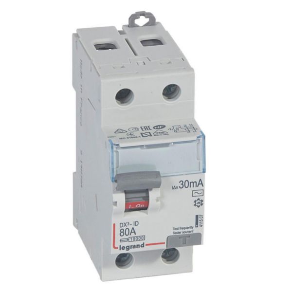 Interrupteur différentiel DX³-ID arrivée haute et départ bas à vis - 2P 230V~ 80A typeAC 30mA - 2 modules