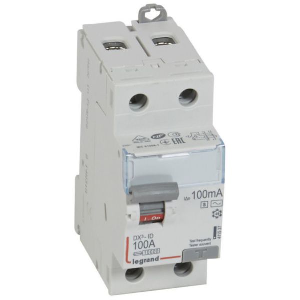 Interrupteur différentiel DX³-ID arrivée haute et départ bas à vis - 2P 230V~ 100A typeAC 100mA sélectif 2 modules