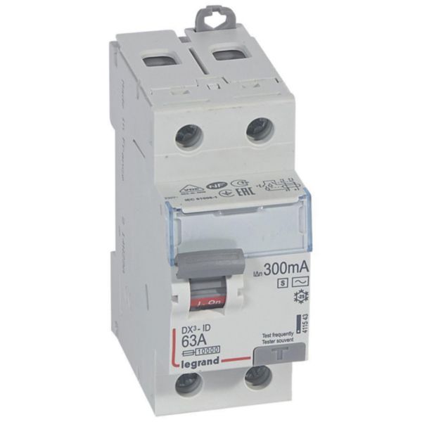 Interrupteur différentiel DX³-ID arrivée haute et départ bas à vis - 2P 230V~ 63A typeAC 300mA sélectif 2 modules