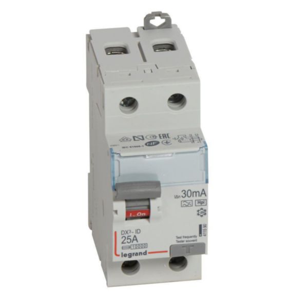 Interrupteur différentiel DX³-ID arrivée haute et départ bas à vis - 2P 230V~ 25A typeF 30mA - 2 modules