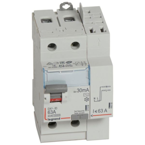 Interrupteur différentiel DX³-ID arrivée haut vis et départ haut automatique - 2P 230V~ 63A typeAC 30mA - 3 modules