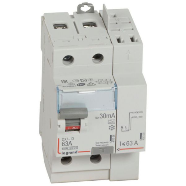 Interrupteur différentiel DX³-ID arrivée haut à vis et départ haut automatique - 2P 230V~ 63A typeA 30mA - 3 modules