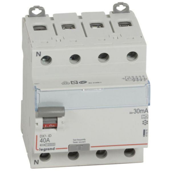 Interrupteur différentiel DX³-ID arrivée haute et départ bas à vis - 4P 400V~ 40A typeA 30mA - 4 modules