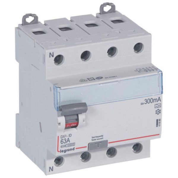 Interrupteur différentiel DX³-ID arrivée haute et départ bas à vis - 4P 400V~ 63A typeA 300mA - 4 modules