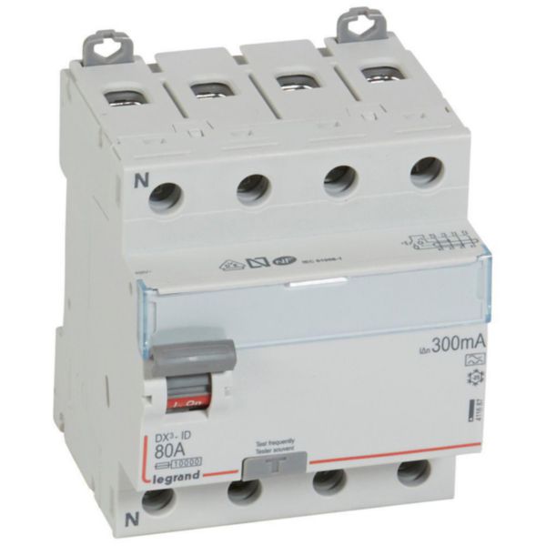 Interrupteur différentiel DX³-ID arrivée haute et départ bas à vis - 4P 400V~ 80A typeA 300mA - 4 modules