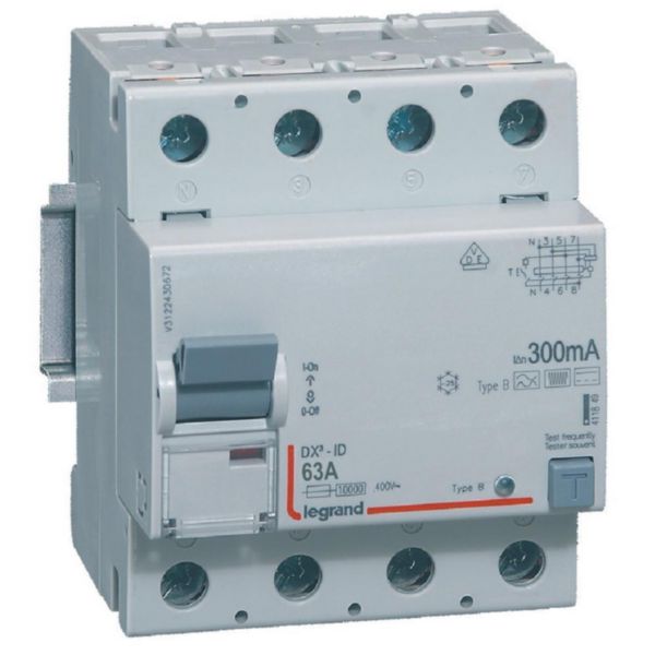 Interrupteur différentiel DX³-ID arrivée haute et départ bas à vis - 4P 400V~ 63A typeB 300mA - 4 modules