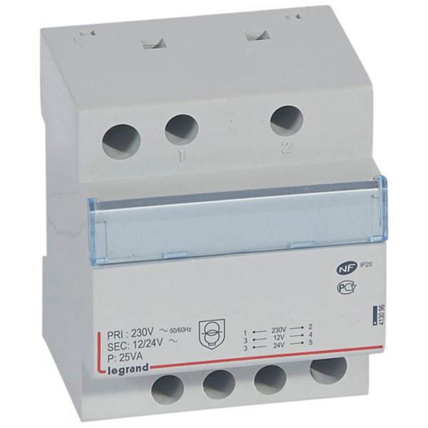 Transformateur de sécurité 230V vers 12V ou 24V - 25VA - 4 modules