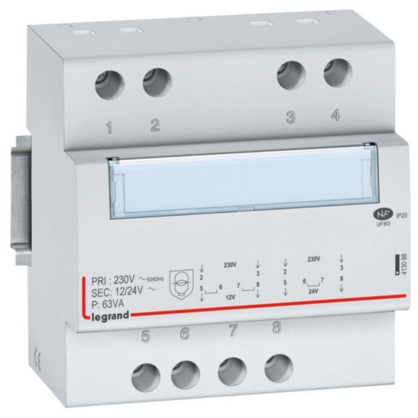 Transformateur de sécurité 230V vers 12V ou 24V - 63VA - 5 modules